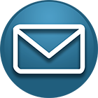 Circular email icon with an white outline of an envelope on a blue background.