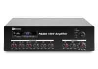 A 100V line amplifier in a black casing with 6 volume control knobs and bass, treble and master volume control.