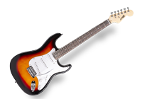 An electric guitar from a range of beginner electric guitars with black and red body, white scratch plate and metal bridge.
