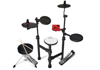 An electronic drum kits complete with 5 electric drum pads, stool and drum sticks.