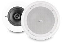 A pair of bluetooth ceiling speakers complete with white speaker grille.