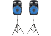 Bluetooth PA Speaker Kits comprising of two PA speakers with blue coloured cones and stands.
