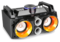 A boombox speaker (Ghetto Blaster) with two orange speakers and top mounted controls.