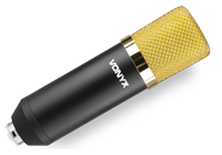 A black and gold wired Microphone with gold metal band.