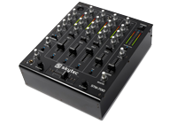 A 4-channel DJ Mixer with USB input and music mixer sound level controls.