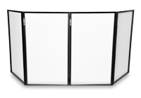 A foldable DJ booth screen comprising of four white DJ screens.