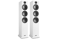 Two floor standing speakers with three 6.5 inch woofers and one silk dome tweeter finished in white with black speaker grill.