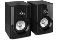 A pair of home speakers finished in black with silver coloured woofer and tweeter speakers.