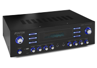 Home audio amplifier from Fenton's range of home amplifiers, finished in black with blue light up home stereo amplifier buttons.