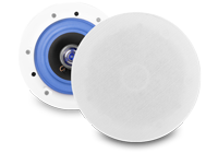 Two kitchen ceiling speakers with blue cones and white speaker grilles for use in kitchen speaker systems.
