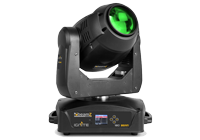 A green moving head beam light with DMX controls and LED display.
