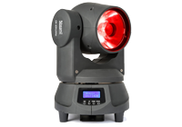 A red moving head spot light with DMX input and LED control display.