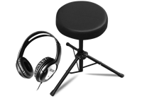 Two music instrument accessories including a drum stool and over-ear headphones.