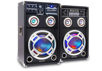 A pair of party speakers with RGB LED speaker grills and sound level controls.