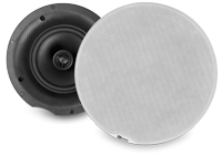 A pair of in-ceiling speakers with black cones and white fabric grille, a common 
ceiling mounted speaker.