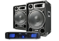 A pair of PA speakers and amp kit comprising of two 15