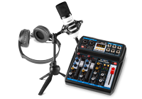 A 4-channel analog studio mixer, microphone with stand and headphones.