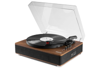 A wood effect vinyl record player with built in speakers and 12