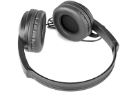 A pair black padded over-ear DJ headphones / mixing headphones