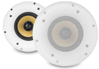 Two wireless ceiling speakers with white grilles otherwise known as wifi ceiling speakers.