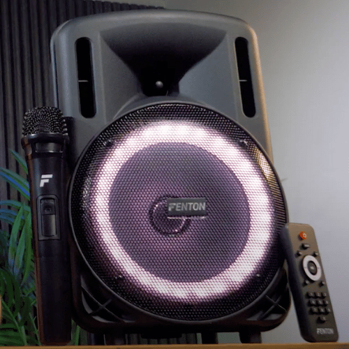 The Fenton FT08LED MK2 8" Portable PA System comes with a wireless microphone and IR remote control