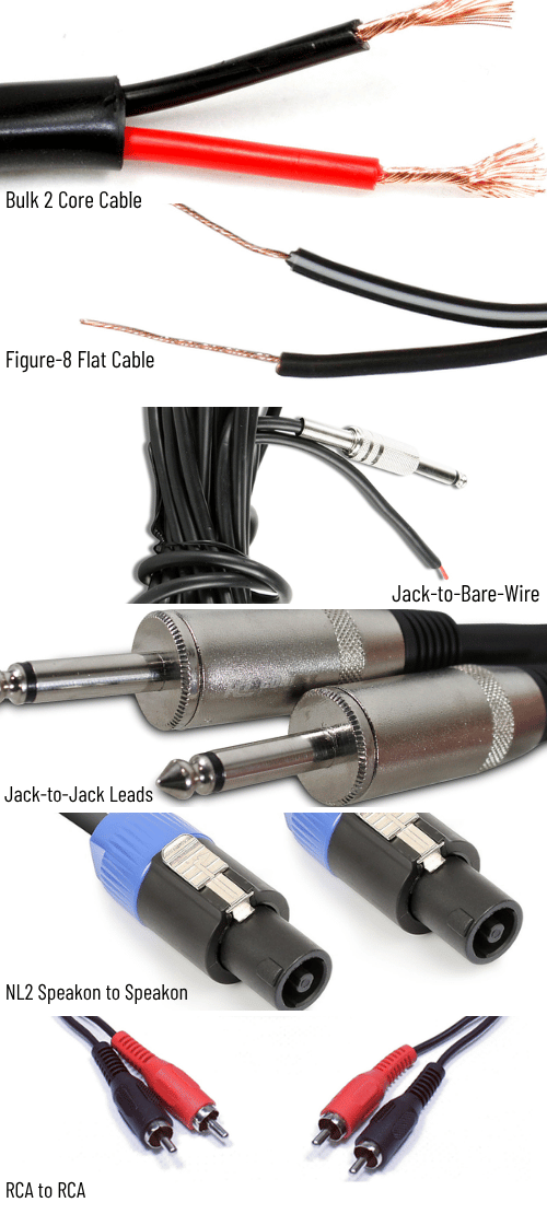 Types of speaker cable connections, including 2 core speaker cable