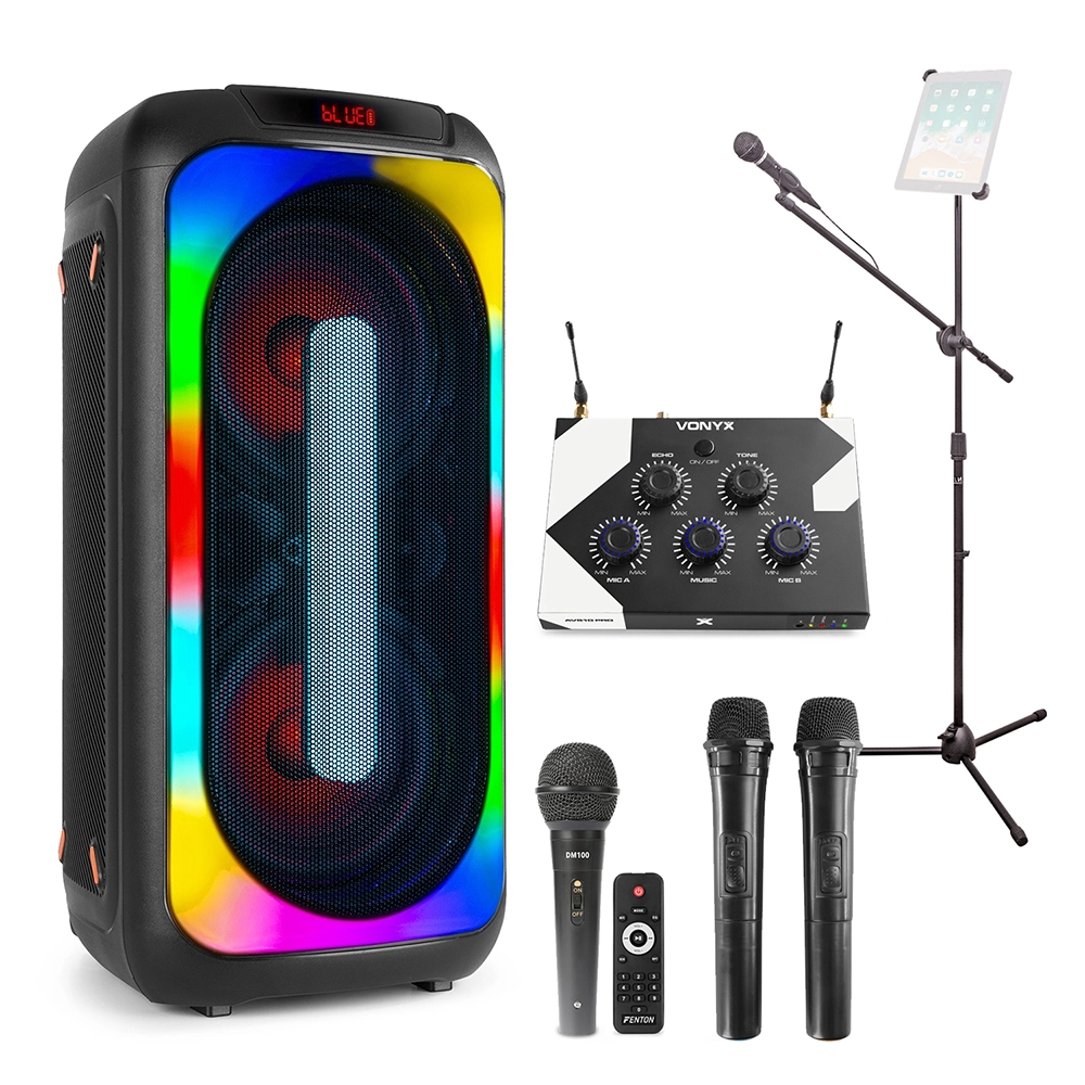 Karaoke Setup with BoomBox500, Wireless Mic System & Tablet Mic Stand