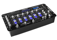 A 4-channel DJ Mixer with USB input and music mixer sound level controls.