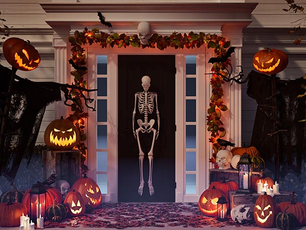 An assortment of Halloween house and garden decorations
