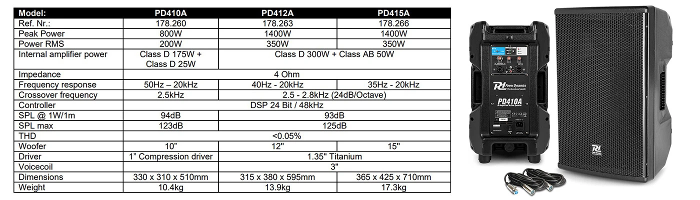 Power Dynamics PD410A Speaker with specification chart