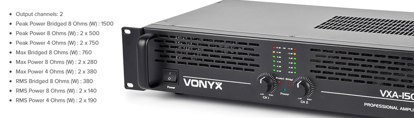 Vonyx VXA1500 Power Amplifier with output specification list