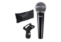 Black handheld dynamic microphone with grille, clip, and carrying pouch