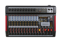 Professional audio mixing console with multiple input channels, faders, and control knobs