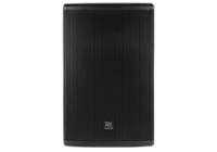 Black PA speaker with front grille for professional sound reinforcement