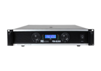 Black professional power amplifier with dual control knobs and digital display
