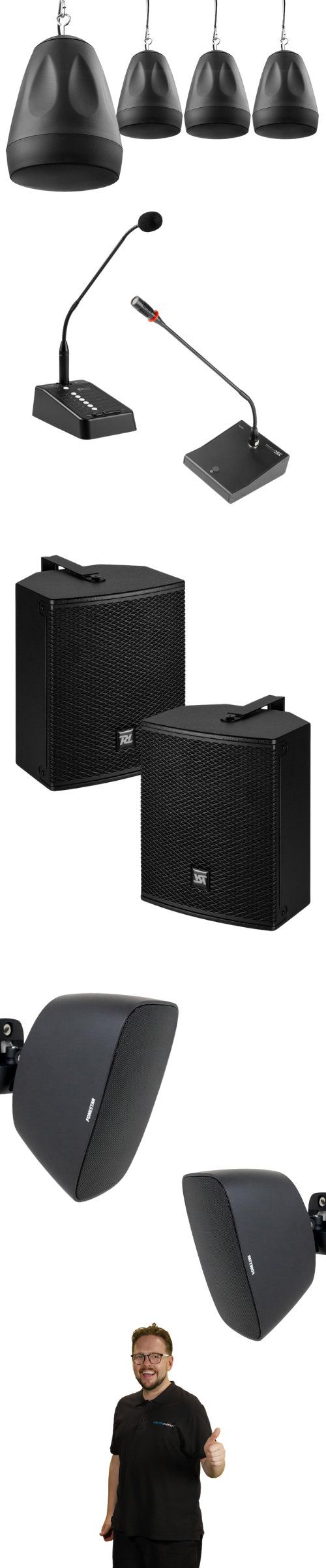 Different types of speakers such as pendant speakers, wall speakers and paging microphones