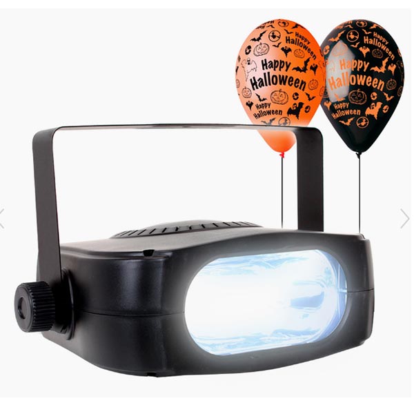Strobe light for halloween parties with an orange and a black halloween balloon.
